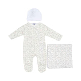 Front view of the Jules & Juliette Paris baby set featuring a wildflower print footed sleepsuit, a white beanie, and a folded matching blanket.
