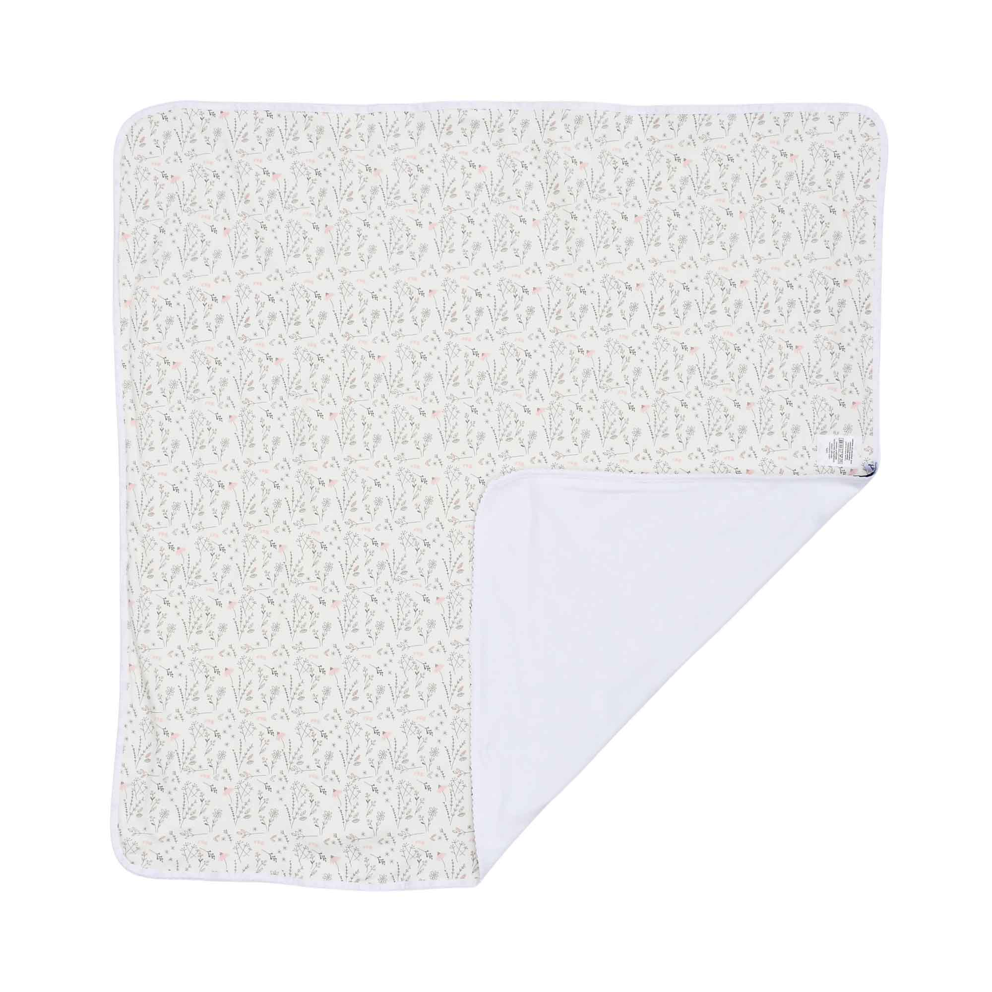 A full, flat view of the square swaddle blanket featuring the delicate green and pink wildflower motif across the entire surface.