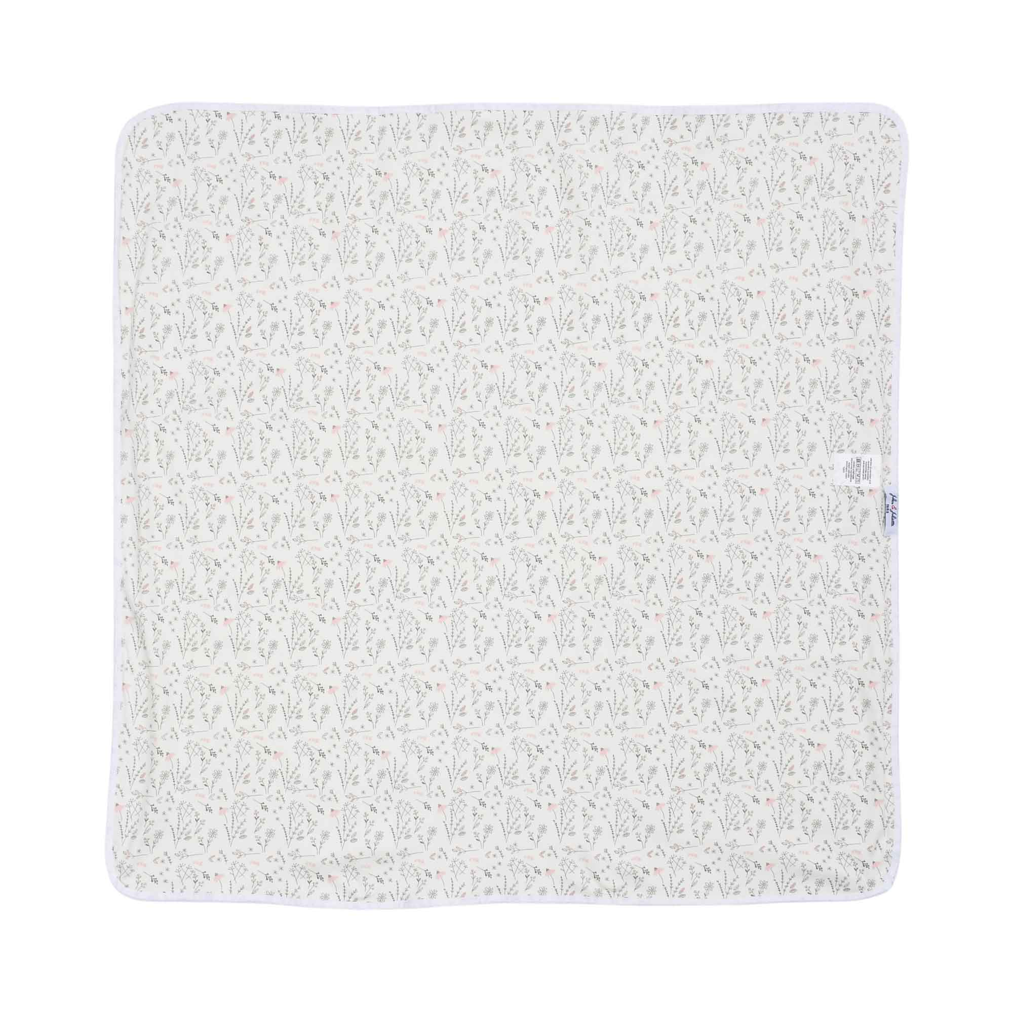 A full, flat view of the square swaddle blanket featuring the delicate green and pink wildflower motif across the entire surface.
