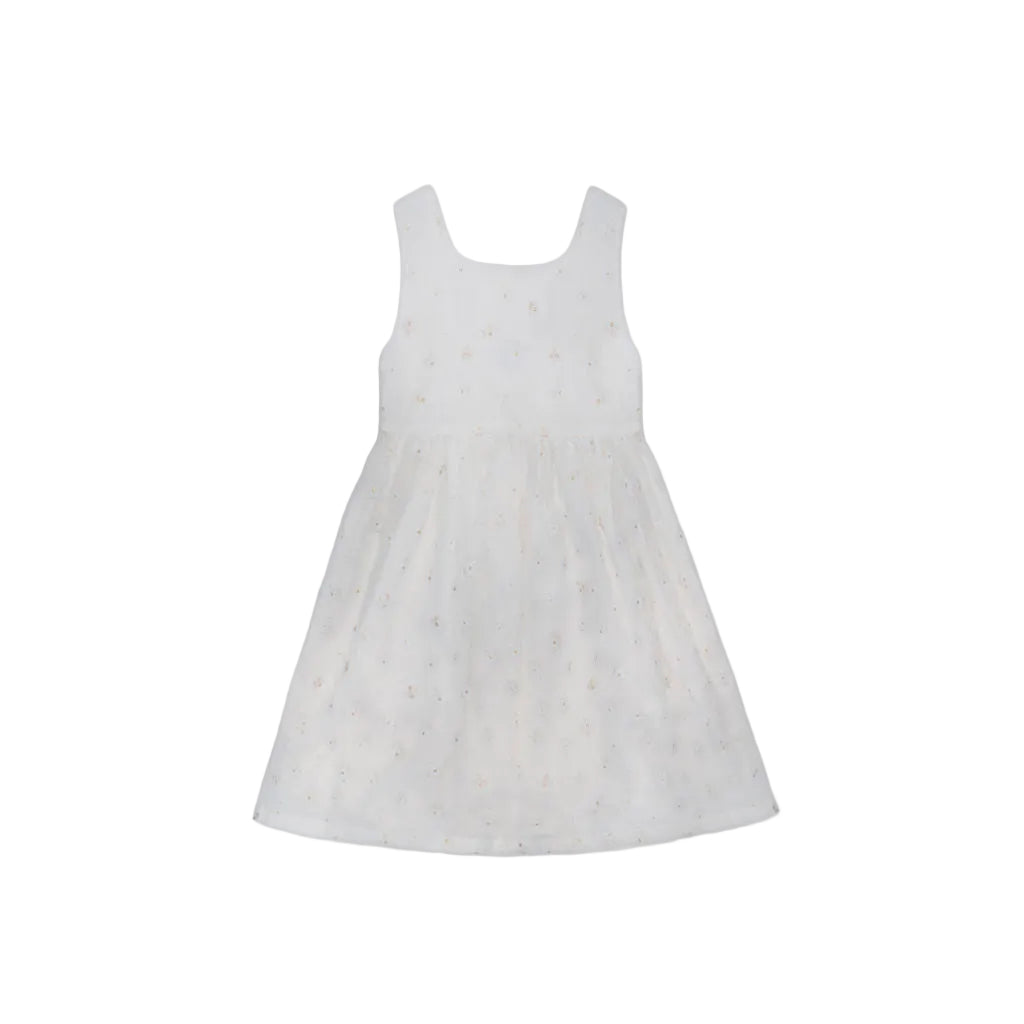Front view of a Jules & Juliette Paris white sleeveless dress for girls, featuring delicate floral embroidery across the bodice and skirt.