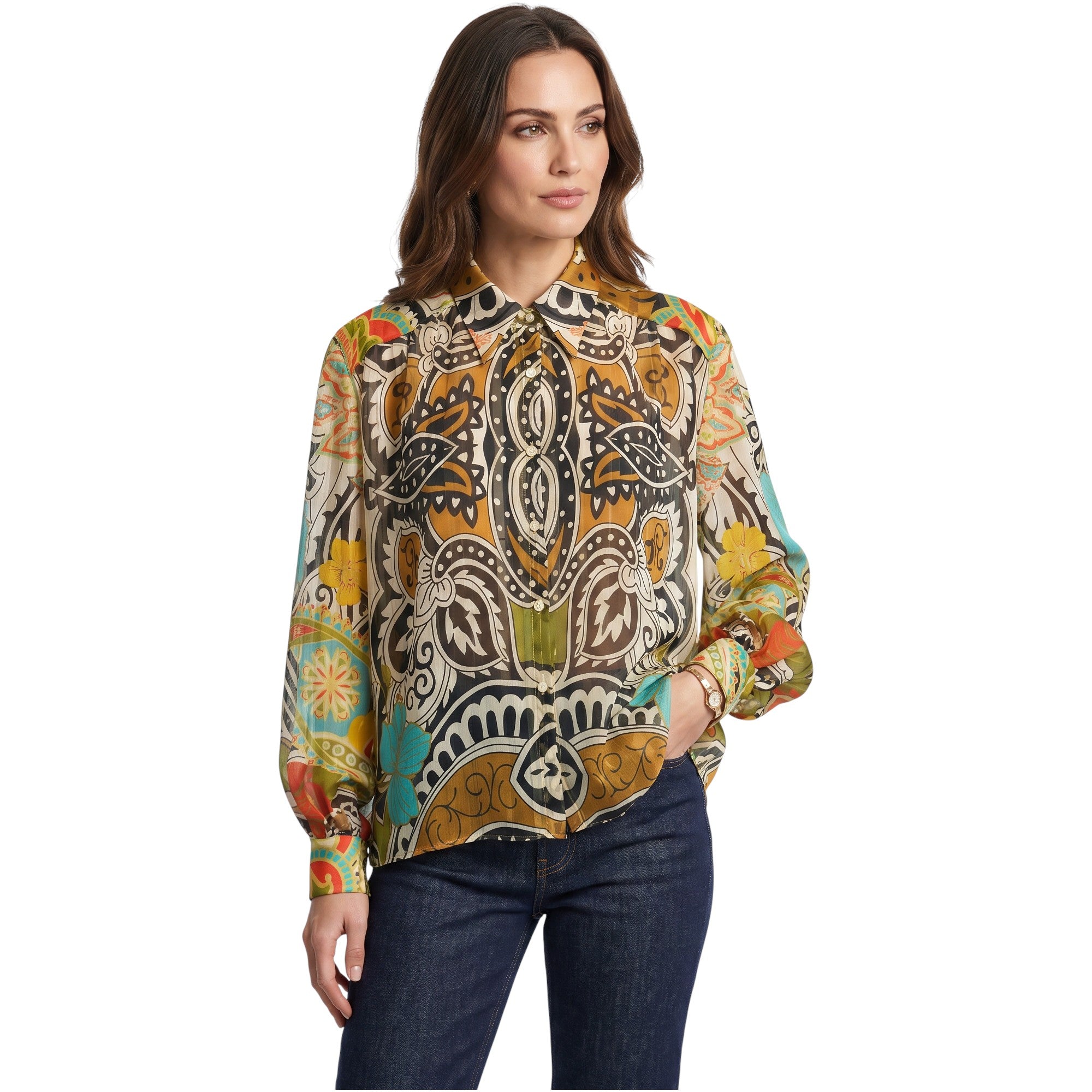 Studio shot of a model wearing the July Two metallic-detailed multi-color chiffon shirt styled with tucked-in dark wash denim jeans.
