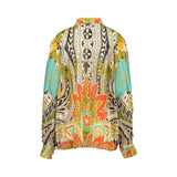 Back studio shot of the July Two long-sleeve graphic print blouse highlighting the symmetrical pattern placement and floral design.