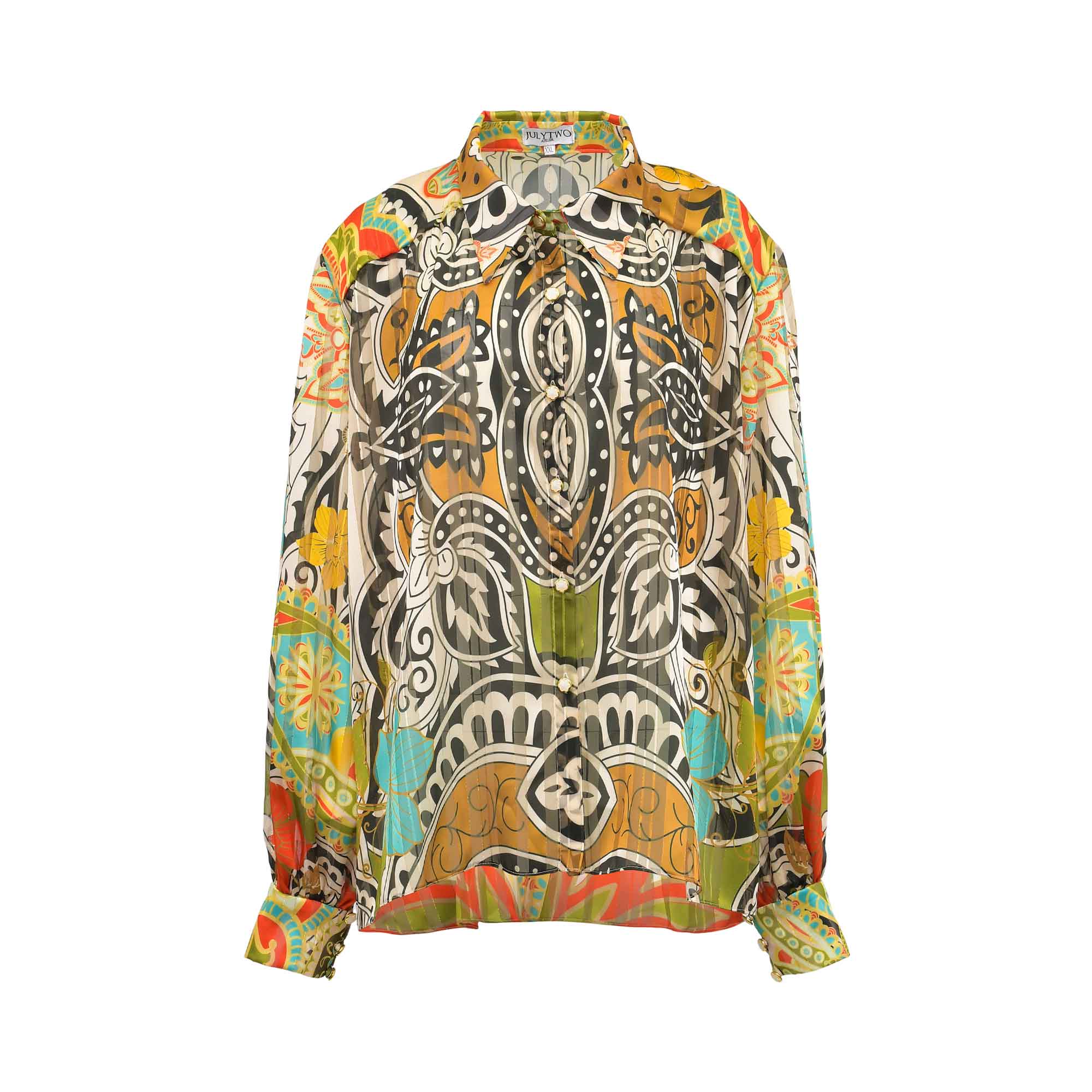 Front studio shot of the July Two multi-color abstract paisley chiffon shirt showcasing the point collar and vertical button closure.