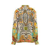 Front studio shot of the July Two multi-color abstract paisley chiffon shirt showcasing the point collar and vertical button closure.