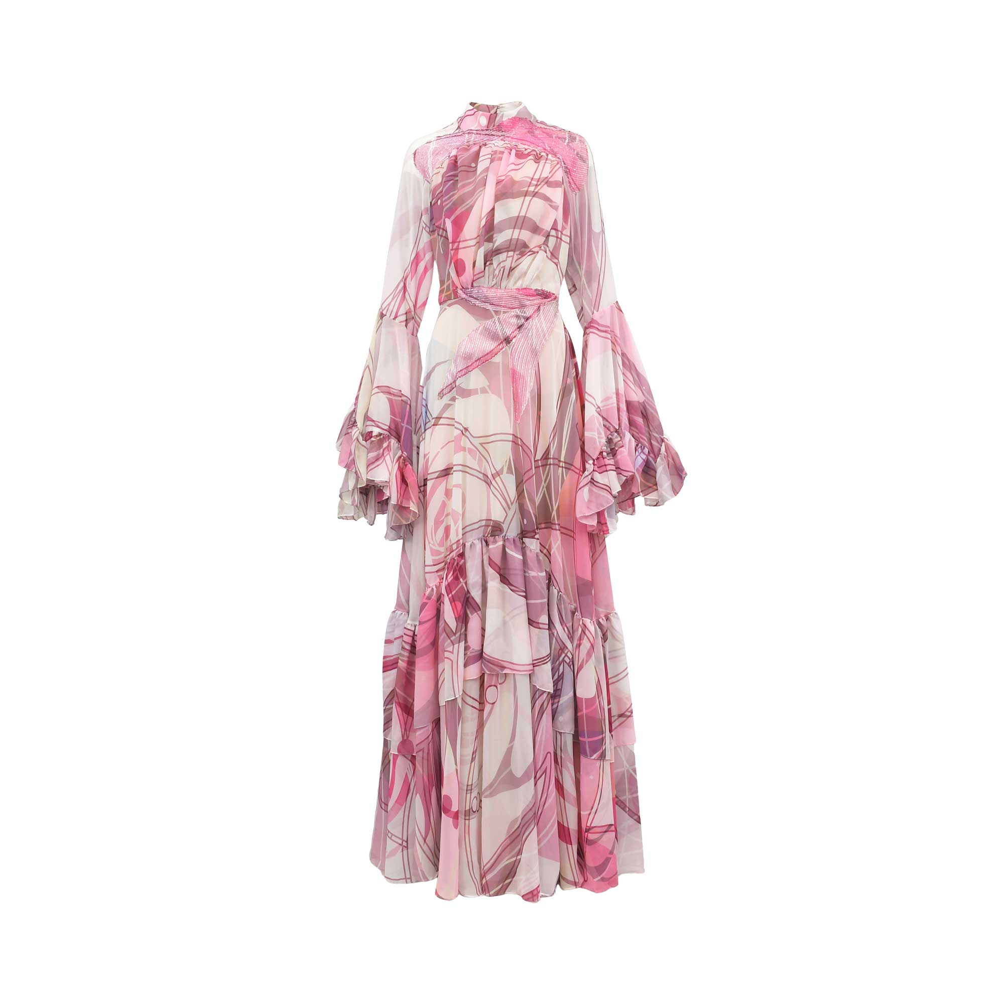 Front studio shot of a pink multi-color abstract print Julytow maxi dress featuring a high neckline, lace chest detail, and tiered ruffle bell sleeves.