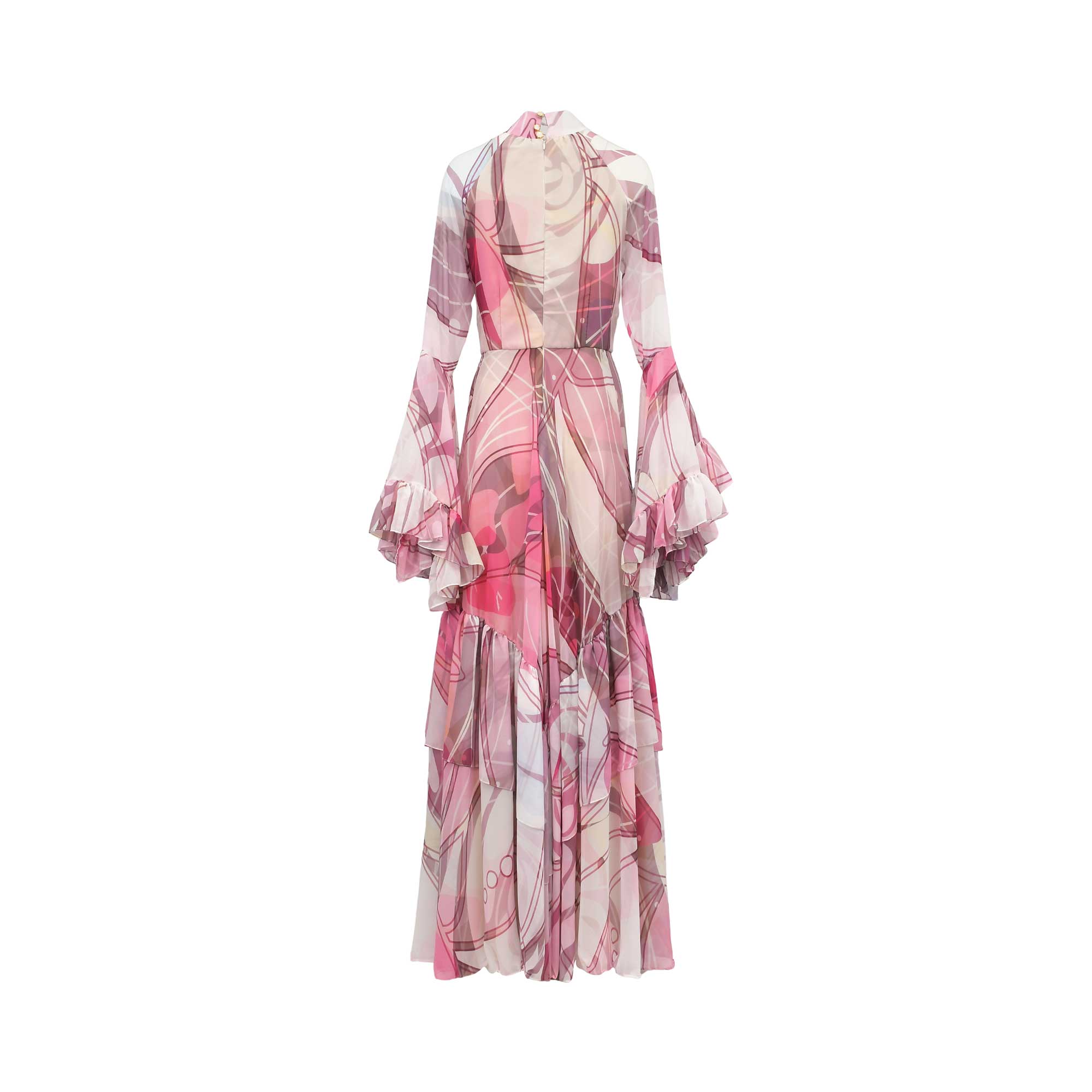 Back studio shot of the pink abstract print Julytow maxi dress highlighting the seamless pattern alignment and center-back zipper closure.