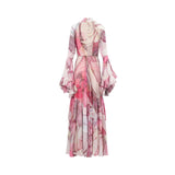 Back studio shot of the pink abstract print Julytow maxi dress highlighting the seamless pattern alignment and center-back zipper closure.