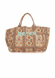 Front view of Just Cavalli women's multicolor baroque tile print canvas beach tote bag with dual top handles