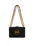 Front view of Just Cavalli women's black leather chain shoulder bag featuring signature gold-tone snake buckle and chain strap