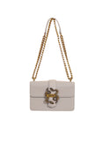 Front view of Just Cavalli women's black leather chain shoulder bag featuring signature gold-tone snake buckle and chain strap