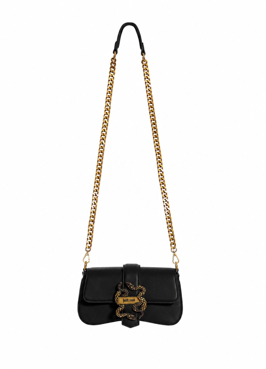 Front view of Just Cavalli women's black leather mini chain shoulder bag with signature gold-tone snake buckle and long chain strap