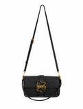 Front view of Just Cavalli women's black leather shoulder bag featuring signature gold-tone snake buckle and adjustable shoulder strap