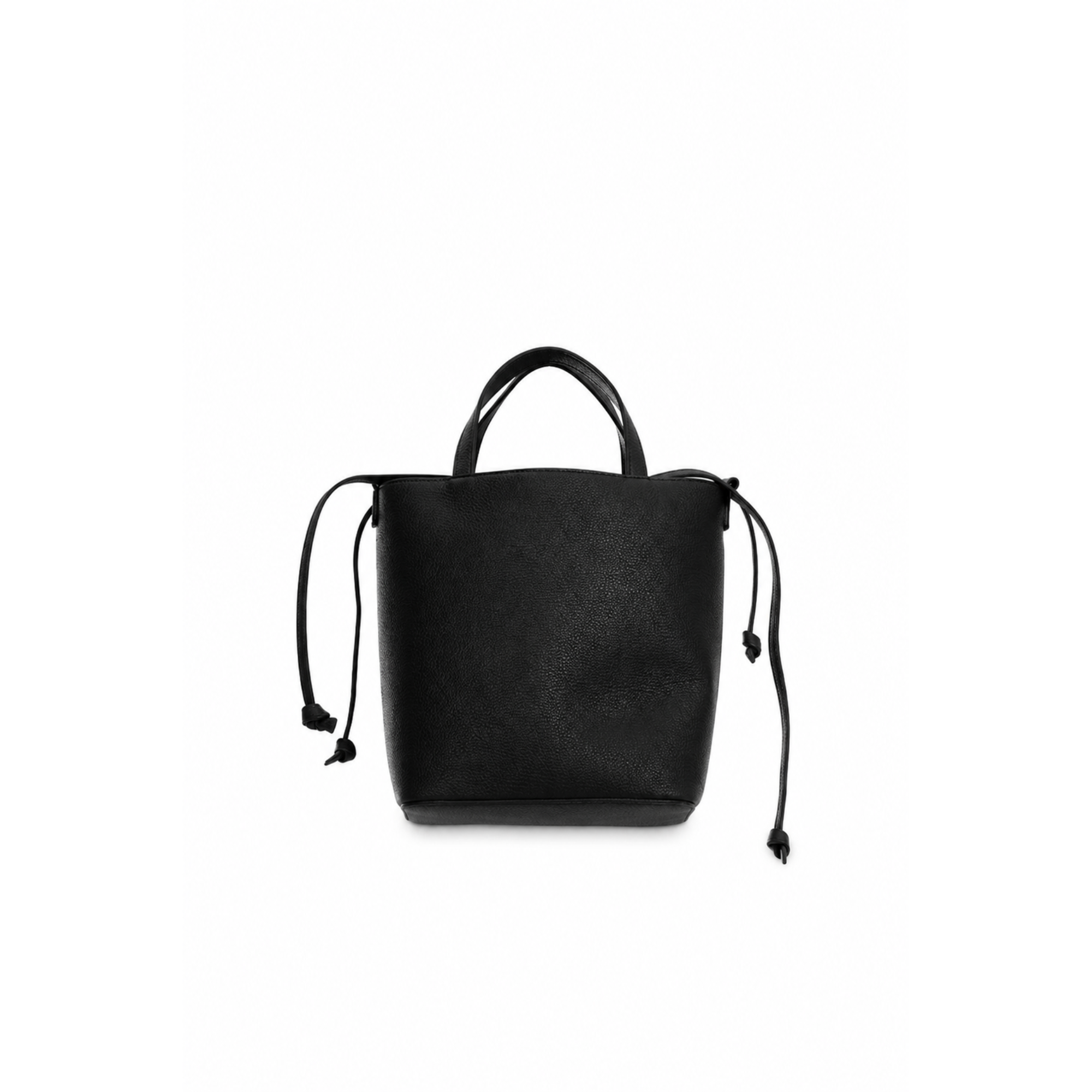 Front view of Just Cavalli women's black mini pebbled leather bucket bag with dual top handles and adjustable side drawstrings