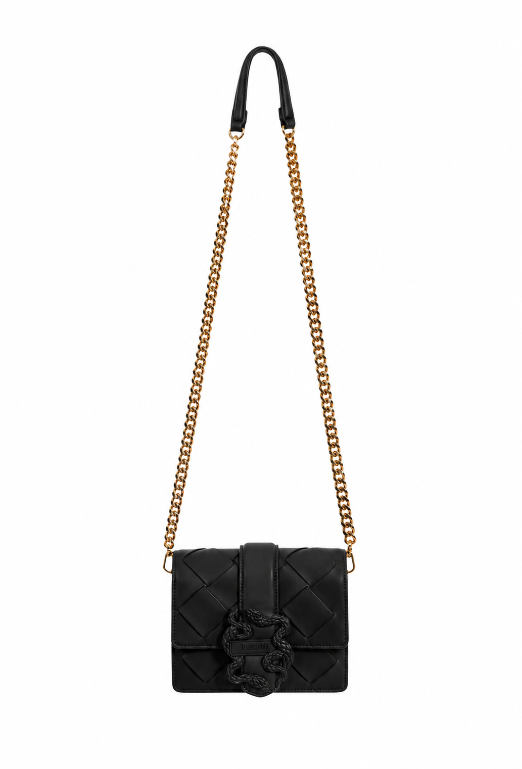 Front view of Just Cavalli women's black mini woven leather crossbody bag with gold-tone chain strap and signature twin snake hardware