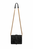 Front view of Just Cavalli women's black mini woven leather crossbody bag with gold-tone chain strap and signature twin snake hardware