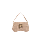 Just Cavalli women's black woven shoulder bag featuring signature gold-tone snake clasp and shoulder strap – Available at Blue Salon Qatar