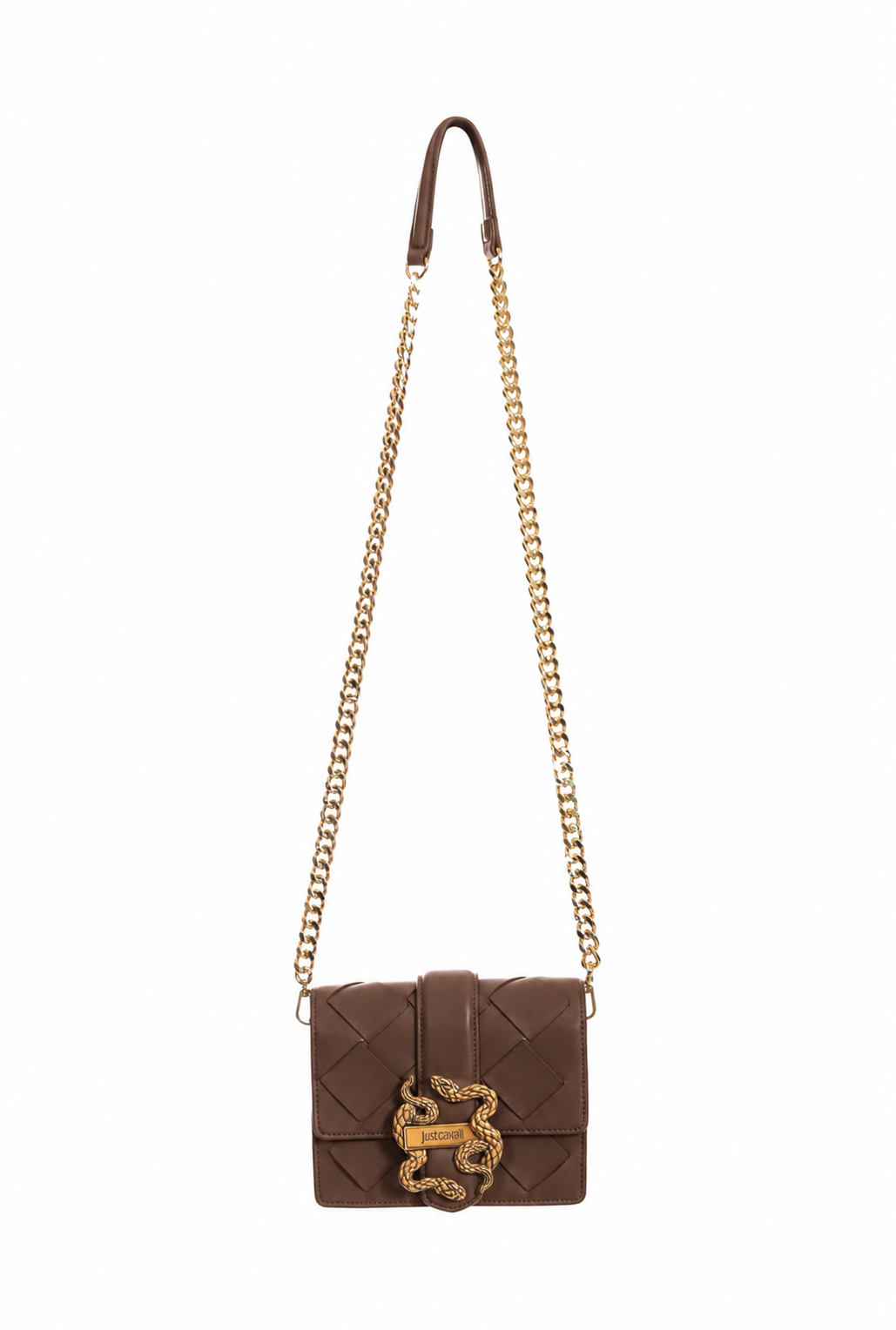 Front view of Just Cavalli women's black mini woven leather crossbody bag with gold-tone chain strap and signature twin snake hardware
