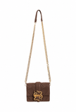 Front view of Just Cavalli women's black mini woven leather crossbody bag with gold-tone chain strap and signature twin snake hardware