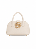 Front view of Just Cavalli women's black pebbled leather mini top handle bag with signature gold-tone snake buckle