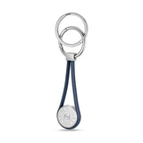 Blue braided cord keyring with silver-toned hardware, two key rings, and a circular silver-toned coin charm featuring the Sai