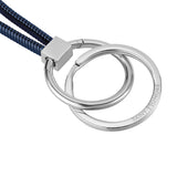 Dark blue coiled cord keyring with a polished silver-toned rectangular connector and two silver-toned rings, one engraved 'SA