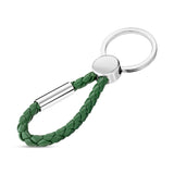 Green braided leather loop keyring with a silver-toned split ring, flat-top cylindrical connector, and tube.