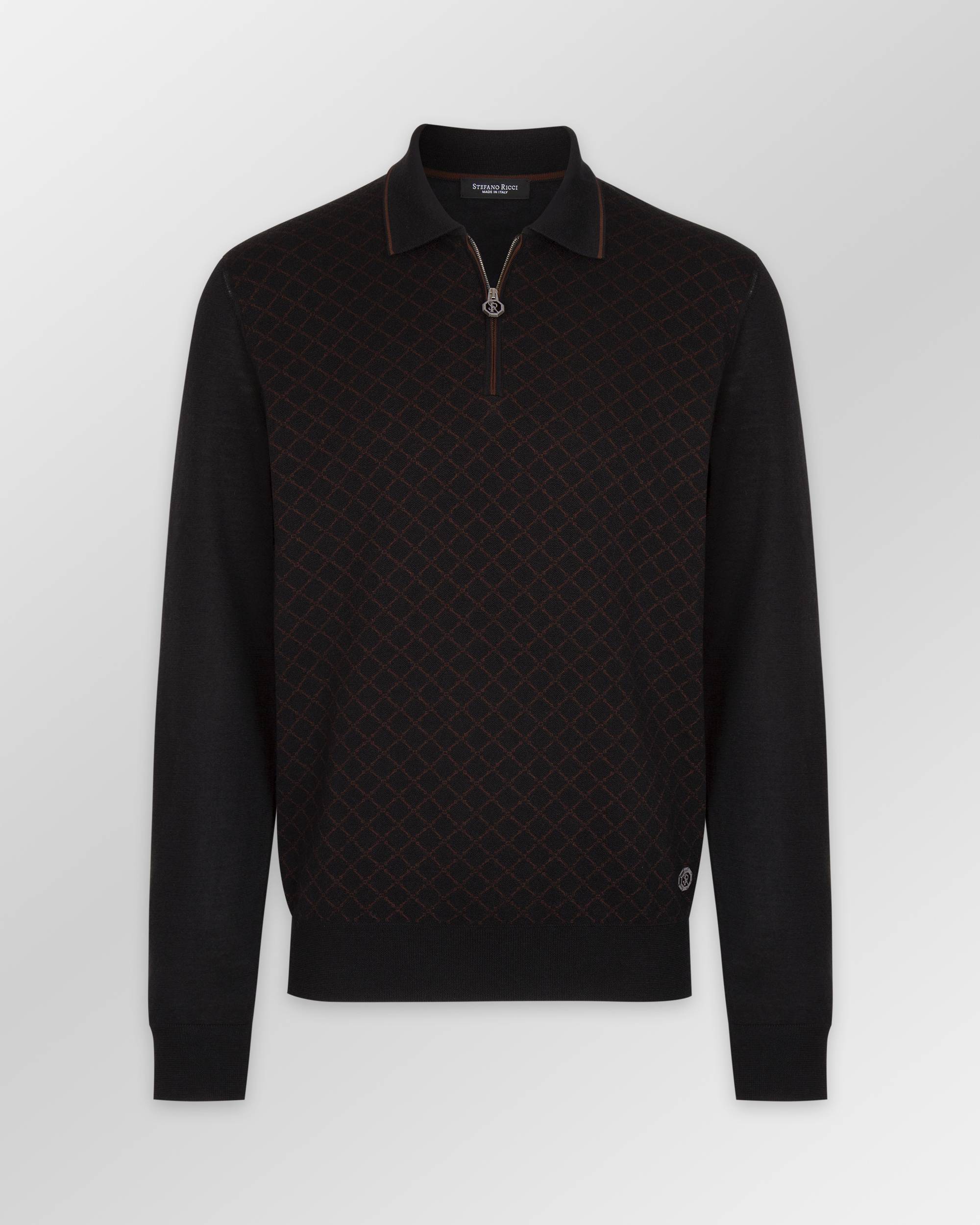 Black long-sleeve polo sweater with a dark brown diamond pattern on the front. Features a black collar with a brown stripe, q