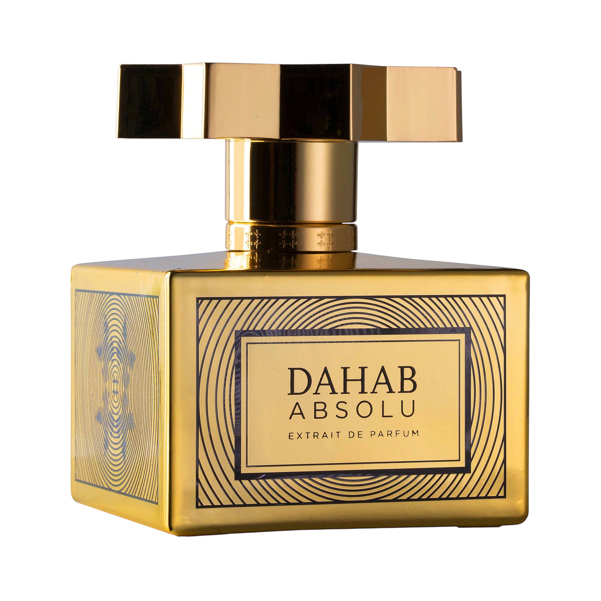 Gold-toned rectangular perfume bottle with concentric black circle patterns. Features a gold-toned label and a stepped, gold-