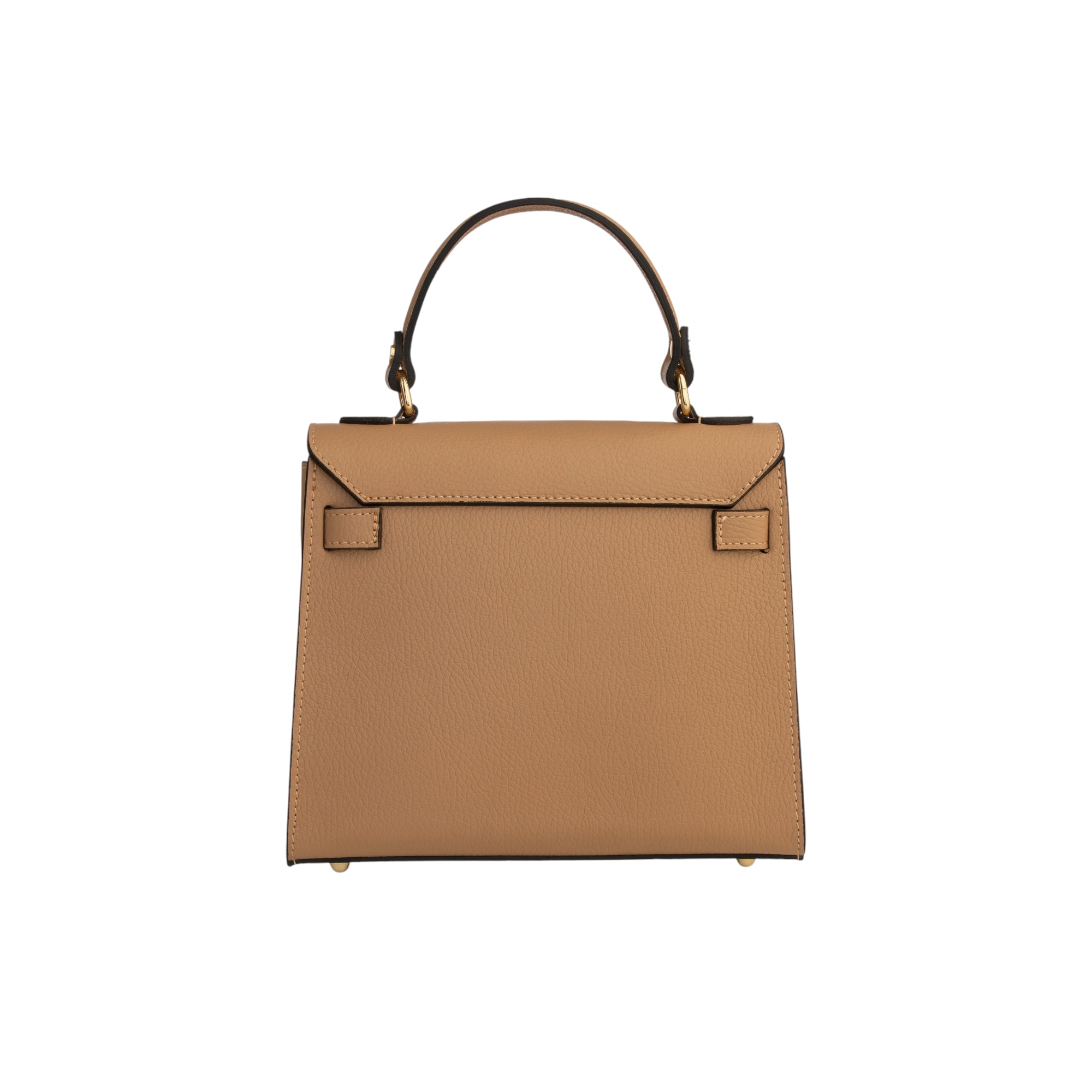 Warm beige pebbled faux leather top-handle bag with a flap closure, dark trim, gold-toned hardware, and four feet.