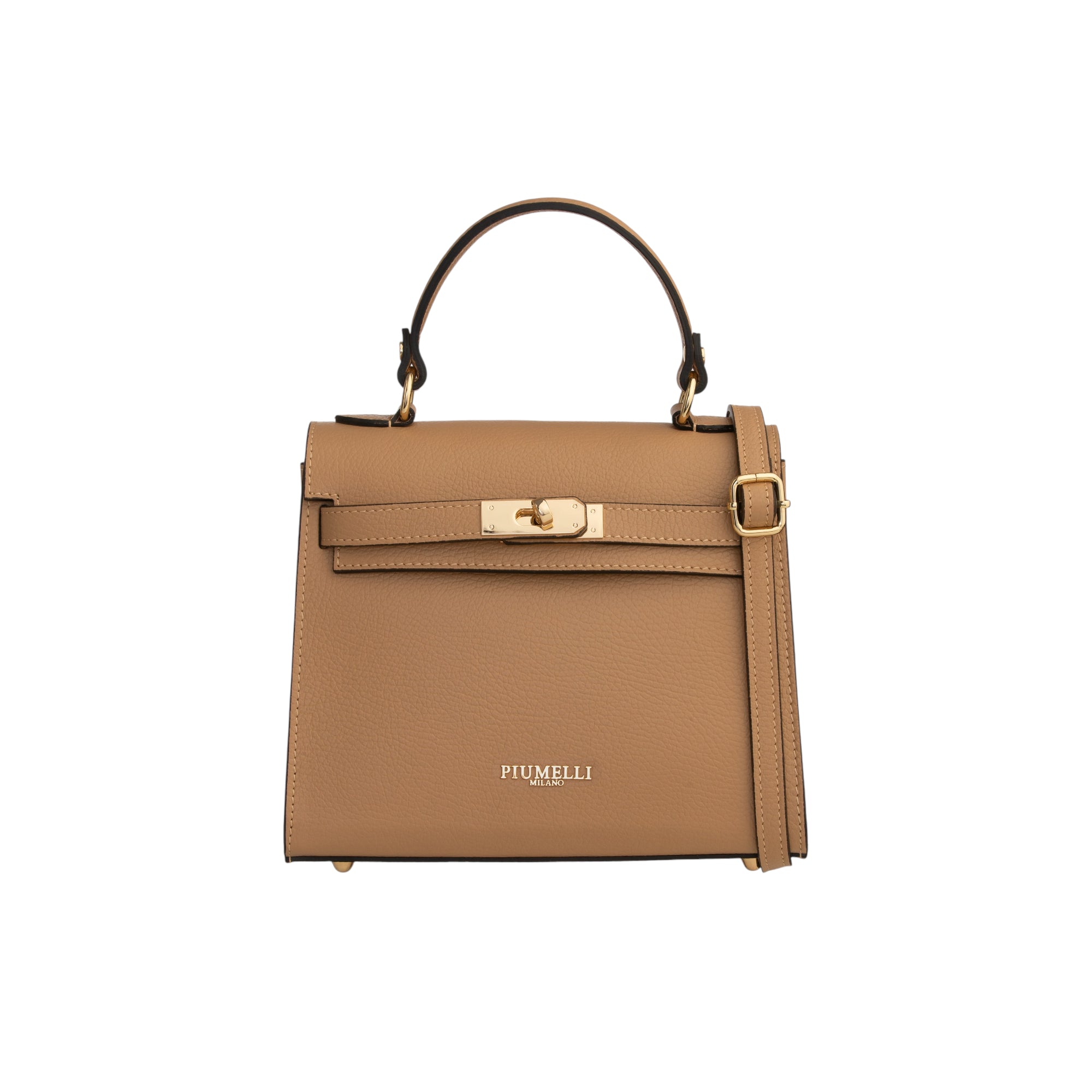 Warm beige pebbled leather top-handle bag with a gold-toned turn-lock closure, single top handle, and detachable shoulder str