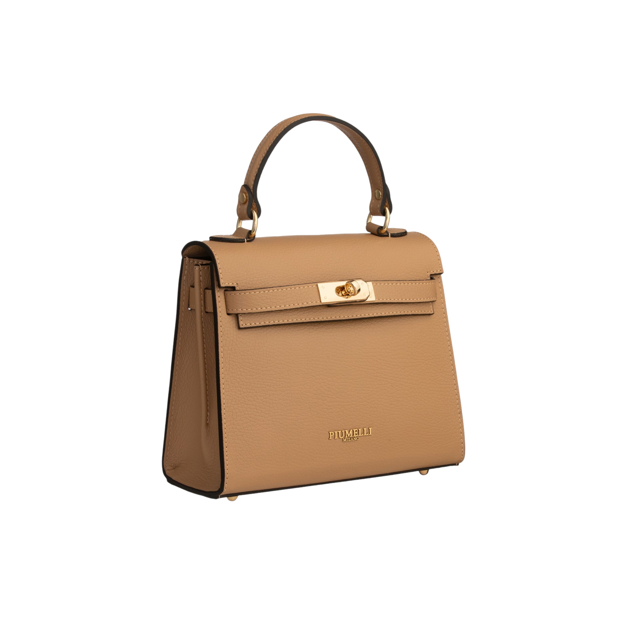 Structured warm beige pebbled leather top-handle bag with a flap closure, gold-toned turn-lock clasp, and hardware.