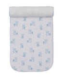 Light blue and white burp cloth with a repeated pattern of teddy bears and stars, featuring a scalloped edge and terry fabric
