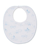 White baby bib with light blue scalloped trim and snap closure. Features a light blue celestial pattern of stars, suns, moons