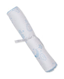 White burp cloth with light blue sun, moon, star, and cloud print. Has light blue scalloped trim and a 'kissy kissy' ribbon.