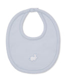 Light blue bib with scalloped edges, a snap closure, and a white embroidered bunny design on the front.