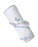 White hooded towel with blue stitched trim. Features embroidered blue whales on the hood and a white 'kissy kissy' ribbon.