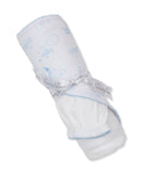 Rolled white towel with blue sun, cloud, star pattern and blue scalloped edges. Tied with a 'kissy kissy' ribbon.