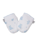 Pair of light blue and white baby mittens with an allover teddy bear and paw print pattern, featuring ribbed cuffs with a sca