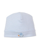 Light blue and white striped baby hat with a folded cuff. Embroidered light blue elephant holding an orange ball.