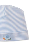 Striped light blue and white baby hat with an embroidered blue elephant holding an orange balloon.
