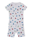 White short-sleeved pyjama top and shorts set with a multicoloured space-themed pattern of rockets and planets.