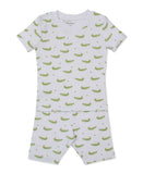 Green and white short-sleeved pyjama top and matching shorts set with an all-over crocodile pattern.