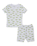 White short-sleeved pyjama top and shorts set with a repeated pattern of green crocodiles and small green leaves.