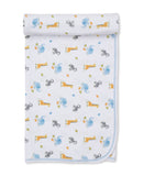 White baby blanket with a repeating pattern of light blue elephants, orange giraffes, and black and white zebras, bordered by
