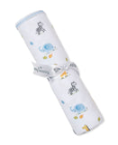 White soft fabric blanket with multicolor safari animal print (zebras, elephants, giraffes) and leaves, with a light blue sti