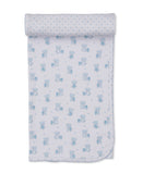 Light blue and white baby blanket with an all-over print of teddy bears and small stars, finished with a scalloped edge.