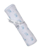 Rolled white blanket with light blue teddy bear and star pattern, scalloped light blue trim, and a tied 'Kissy' ribbon.