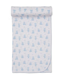 Light blue and white baby blanket with an all-over pattern of light blue teddy bears and small stars, featuring a scalloped e