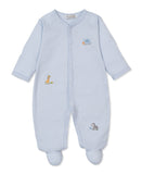 Light blue and white striped footed sleepsuit with long sleeves and embroidered elephant, giraffe, and zebra motifs.