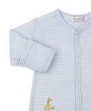Light blue and white striped sleepsuit with long sleeves, white snap buttons down the front, and an embroidered giraffe.